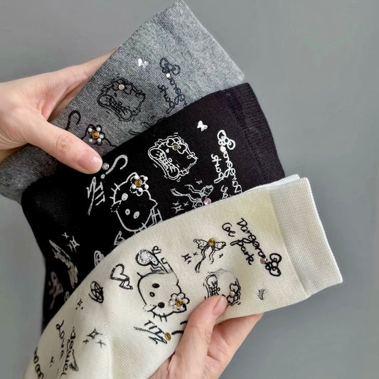 Y2K Style Kitty Print Crew Socks
