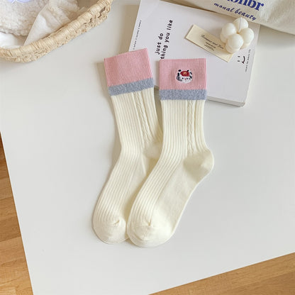 Contrast Cuff Furry Trim Crew Socks