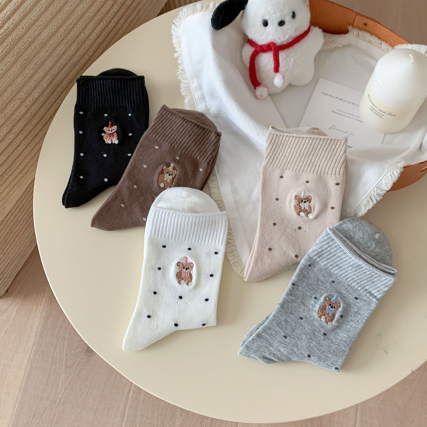 Sweet Teddy Bear Embroidered Polka Dot Socks