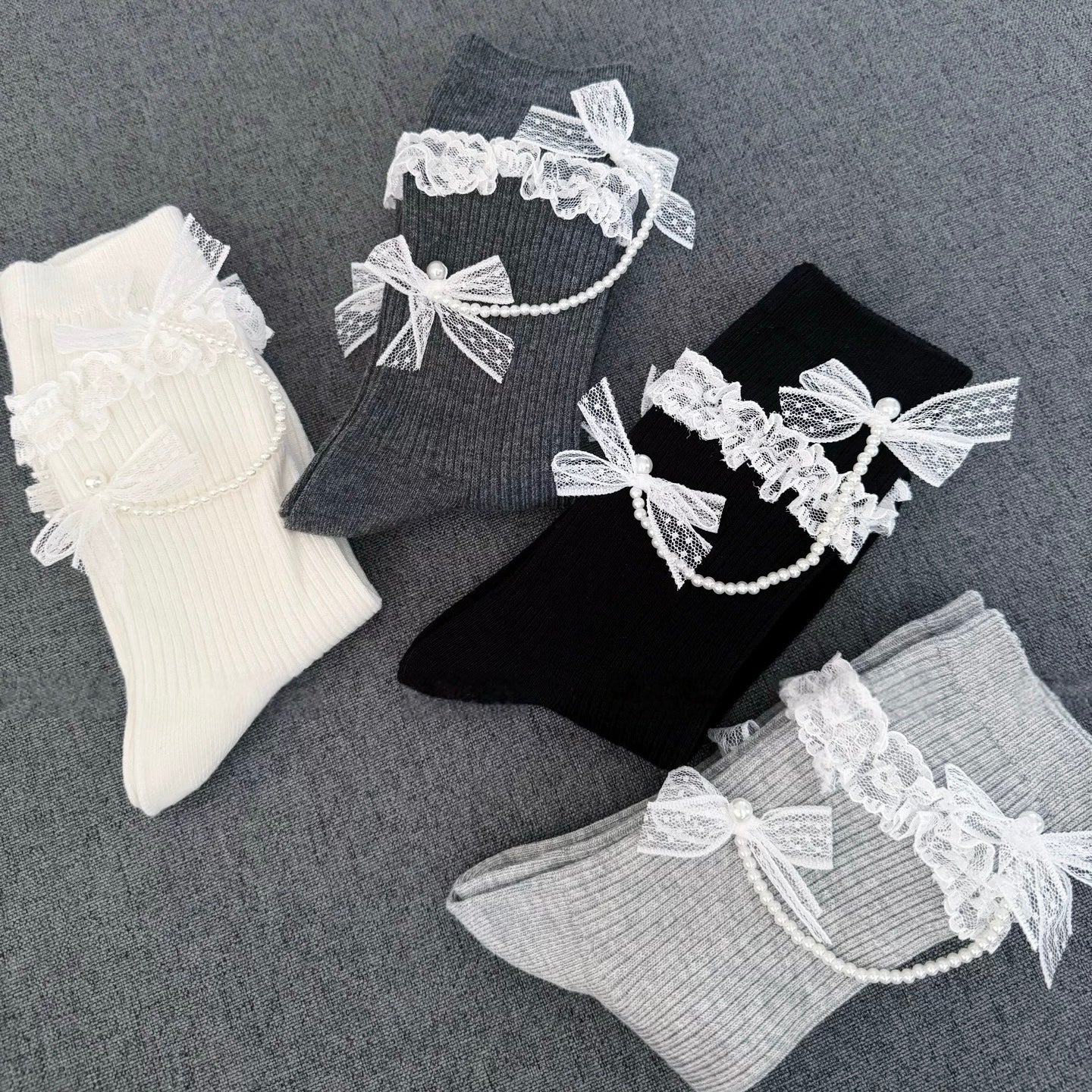 Pearl & Bow Lace Women's Crew Socks