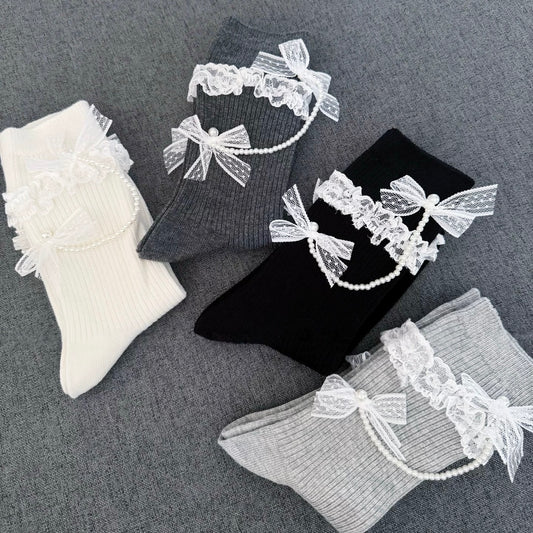 Pearl & Bow Lace Women's Crew Socks