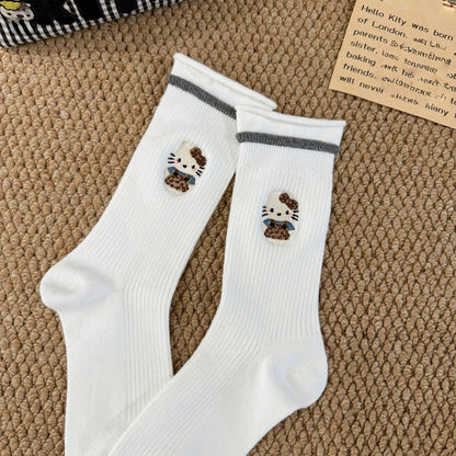 Kitty Knit Ribbed Crew Socks