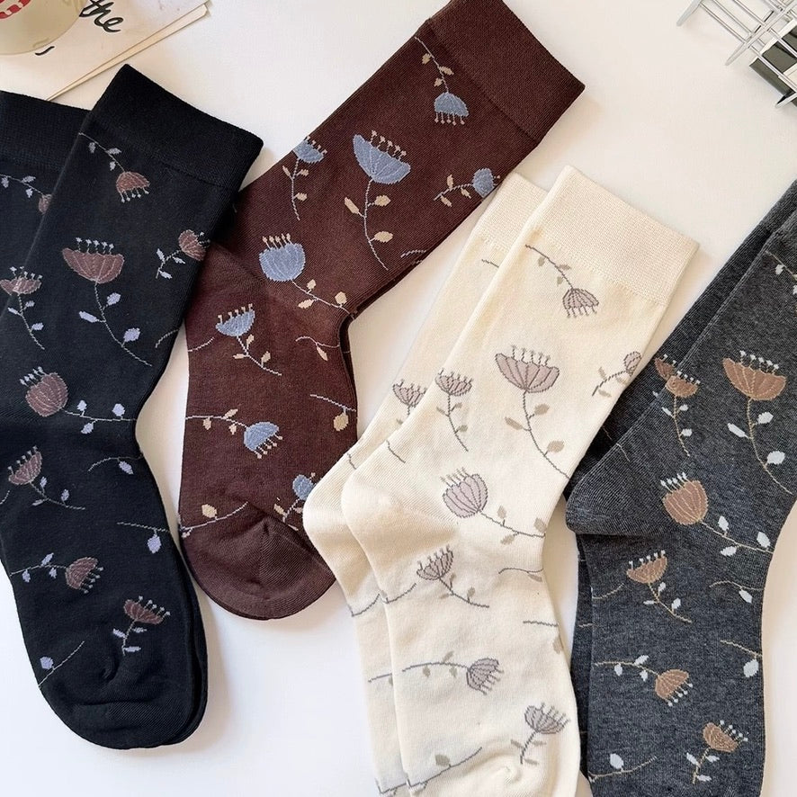 Allover Floral Print Cotton Crew Socks