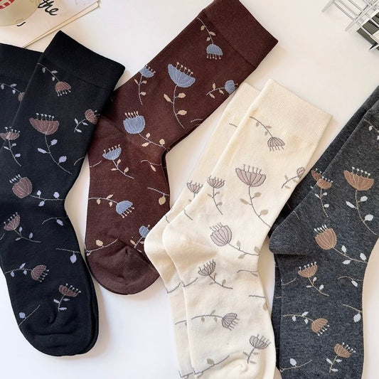 Allover Floral Print Cotton Crew Socks
