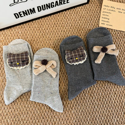Cotton Crew Socks With 3D Kitty Doll