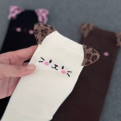 Cat Print Socks with 3D Leopard Ears