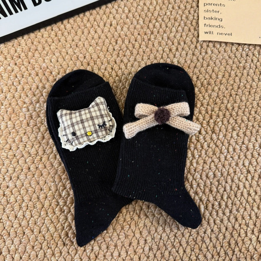 Cotton Crew Socks With 3D Kitty Doll