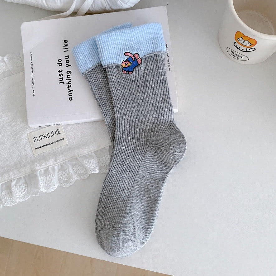 Kawaii Animal Contrast Cuff Socks