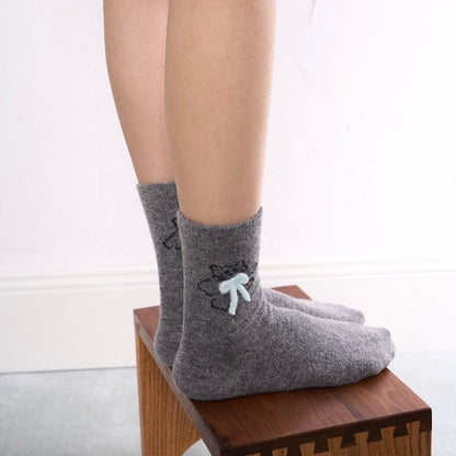 Cat Pattern Crew Socks with Fluffy Bows