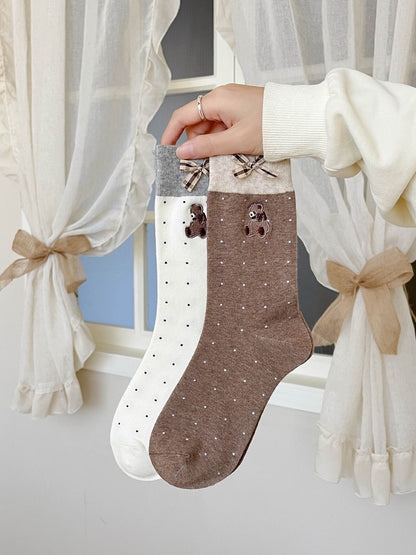Honey Bear&Plaid Bow Crew Socks
