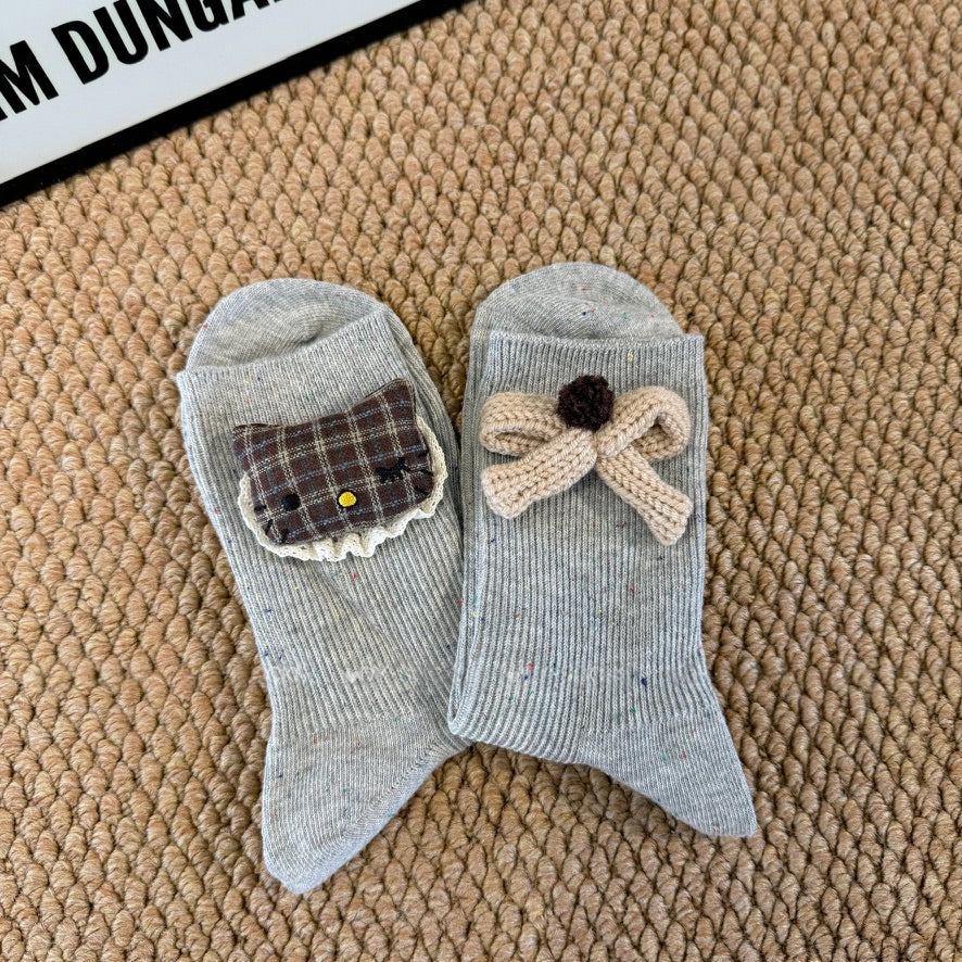 Cotton Crew Socks With 3D Kitty Doll