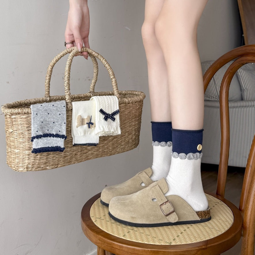 Elegant Cream&Navy Blue Crew Socks