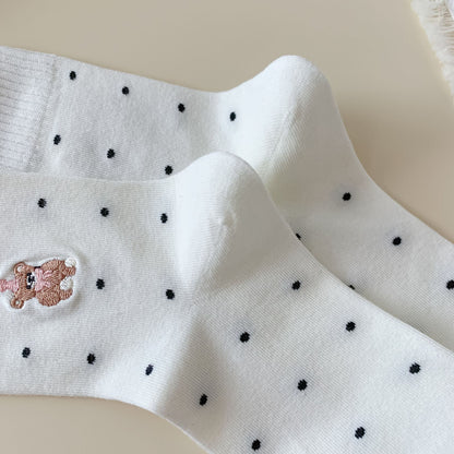 Sweet Teddy Bear Embroidered Polka Dot Socks