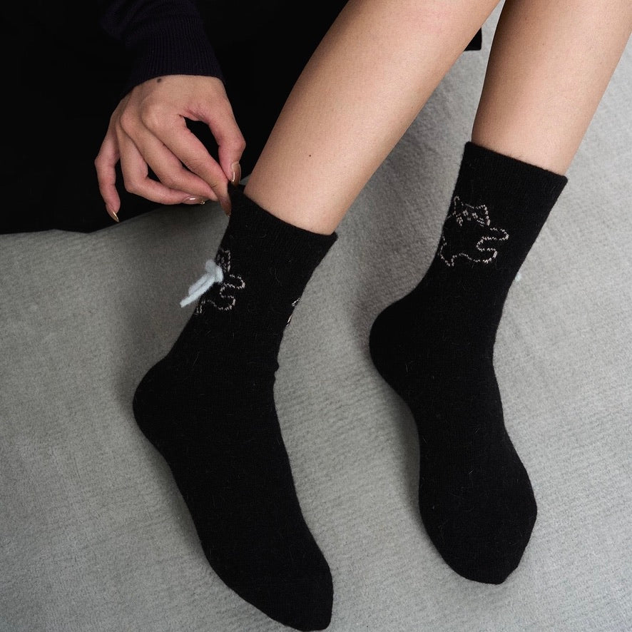 Cat Pattern Crew Socks with Fluffy Bows