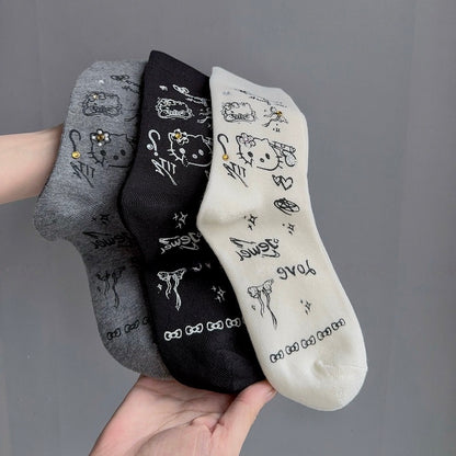 Y2K Style Kitty Print Crew Socks