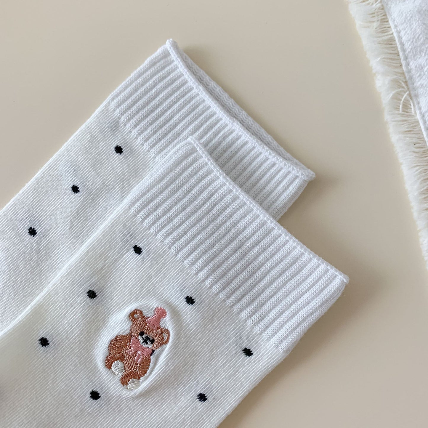 Sweet Teddy Bear Embroidered Polka Dot Socks