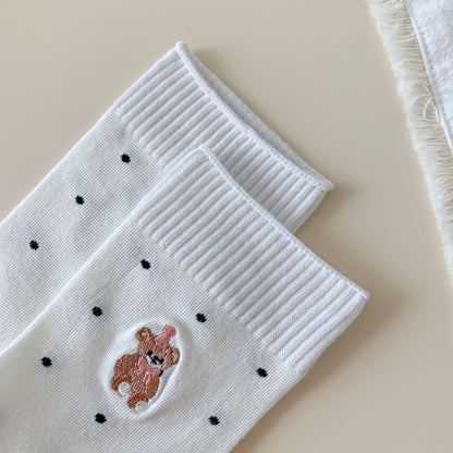 Sweet Teddy Bear Embroidered Polka Dot Socks