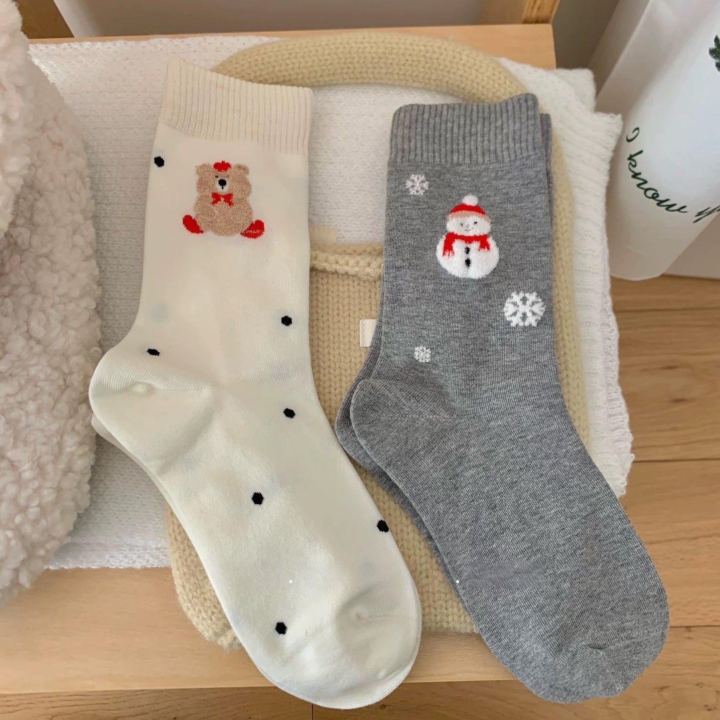 Cozy Snowman & Bear Cotton Crew Socks