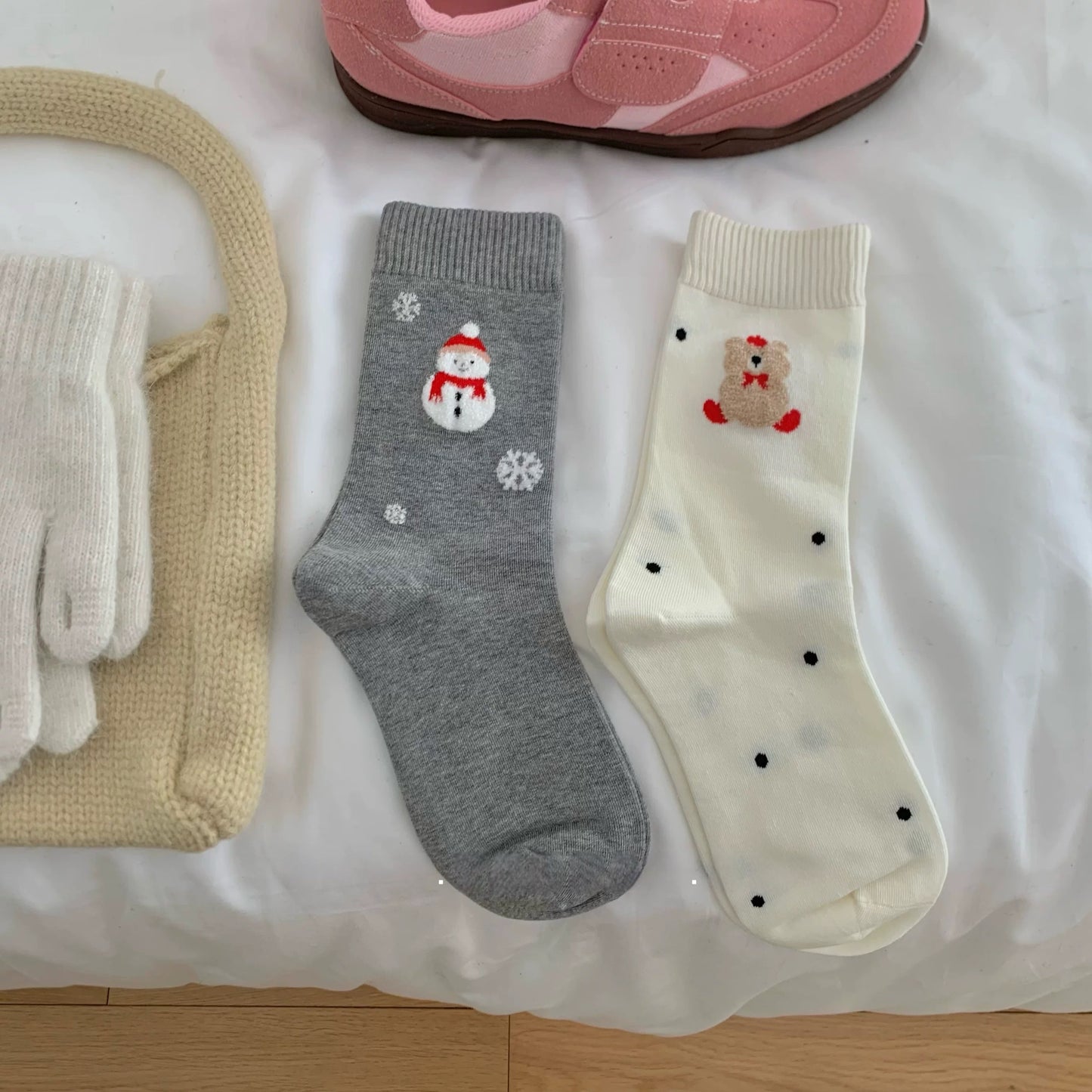 Cozy Snowman & Bear Cotton Crew Socks