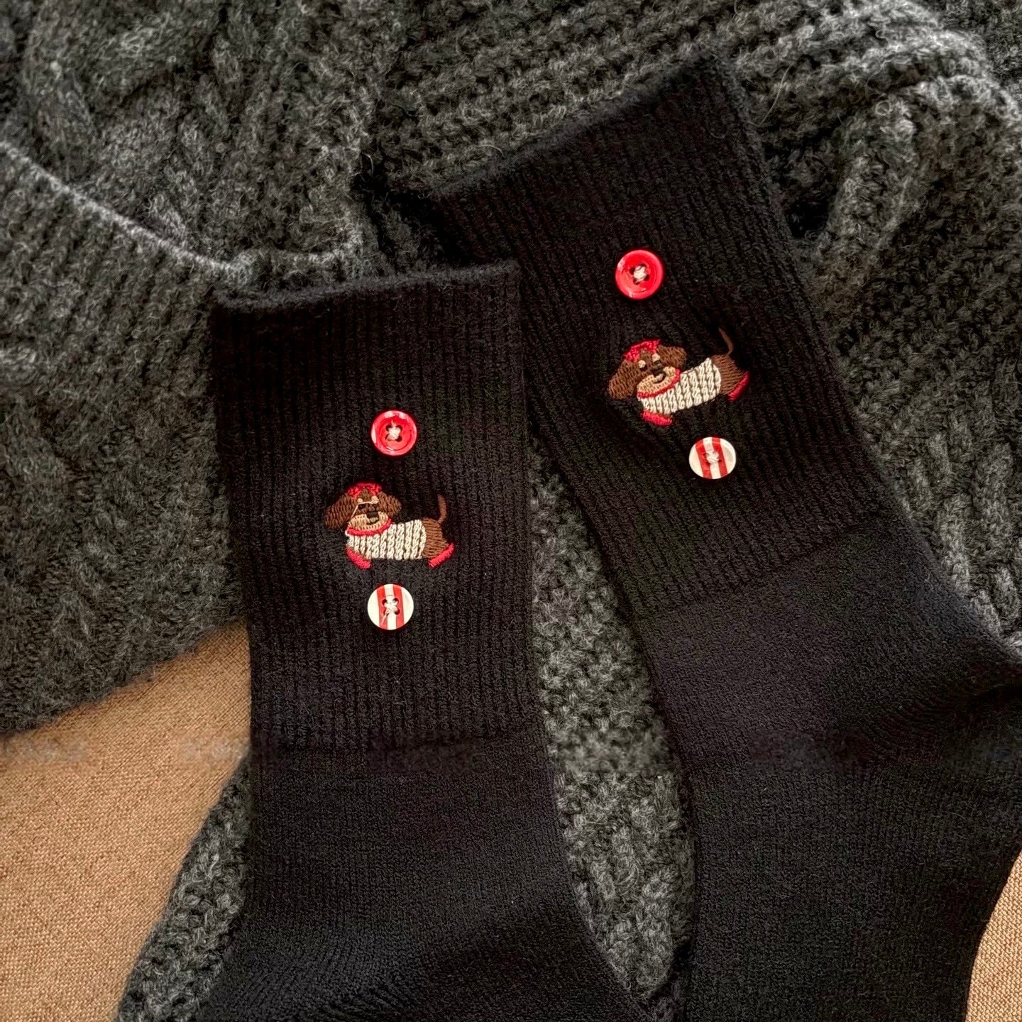 Dog Embroidery Socks With Button Detail