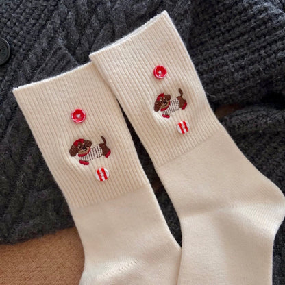 Dog Embroidery Socks With Button Detail