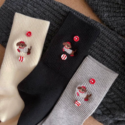 Dog Embroidery Socks With Button Detail