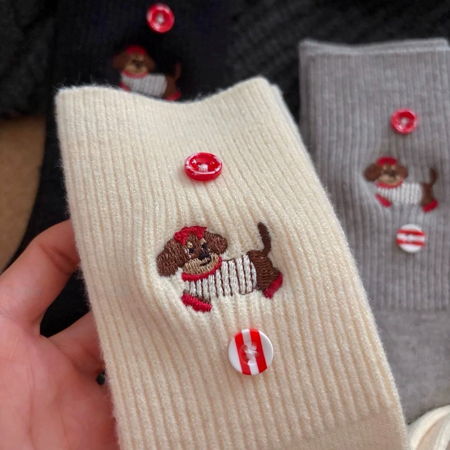 Dog Embroidery Socks With Button Detail