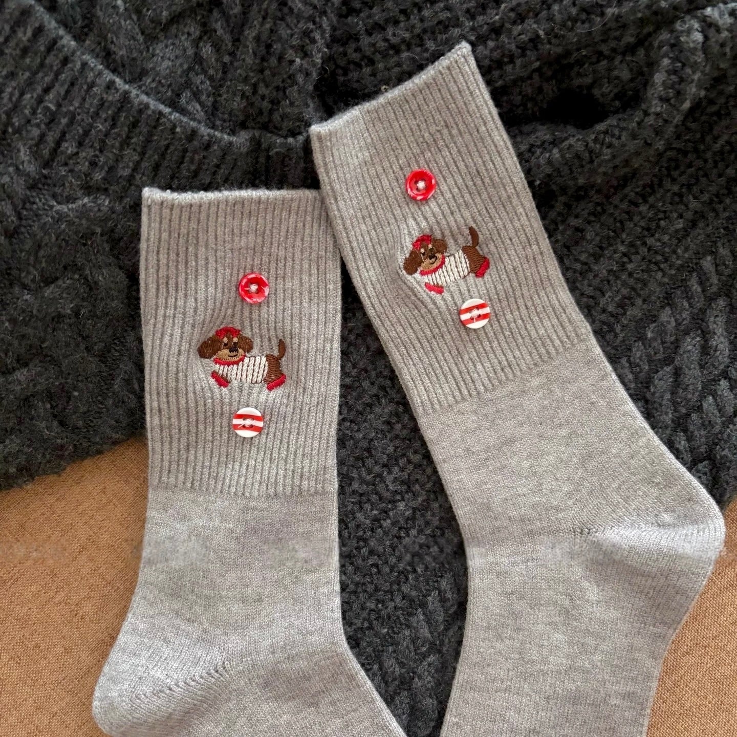 Dog Embroidery Socks With Button Detail