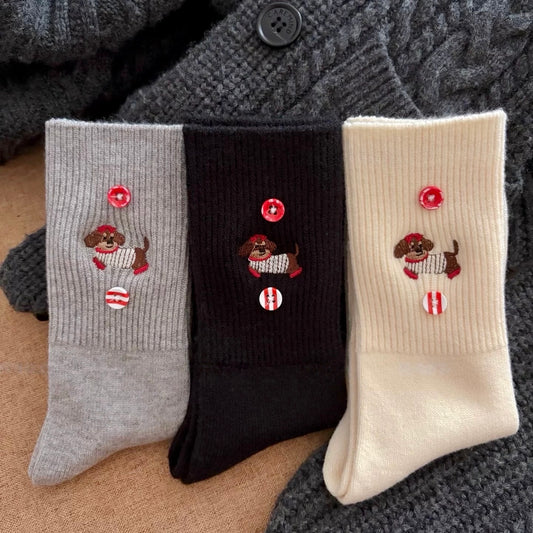 Dog Embroidery Socks With Button Detail