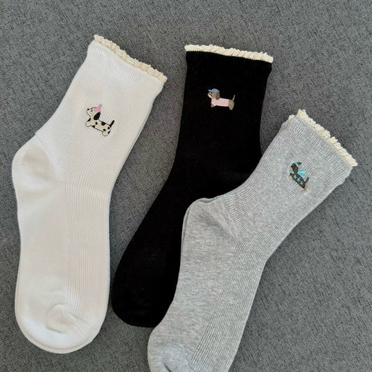 Puppy Embroidery&Tiny Lace Frill Socks