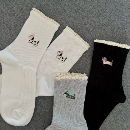 Puppy Embroidery&Tiny Lace Frill Socks
