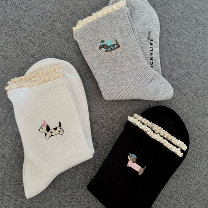 Puppy Embroidery&Tiny Lace Frill Socks