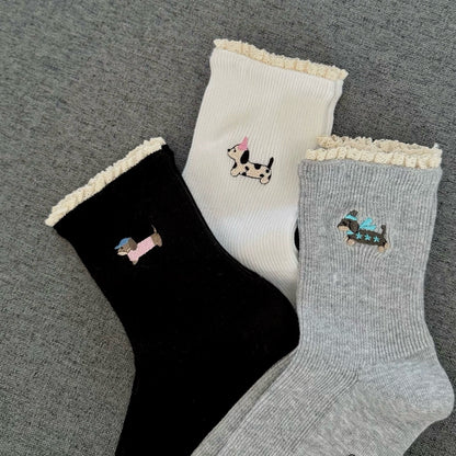 Puppy Embroidery&Tiny Lace Frill Socks