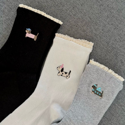 Puppy Embroidery&Tiny Lace Frill Socks