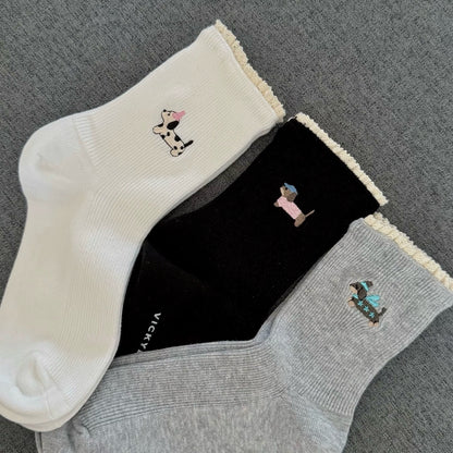 Puppy Embroidery&Tiny Lace Frill Socks