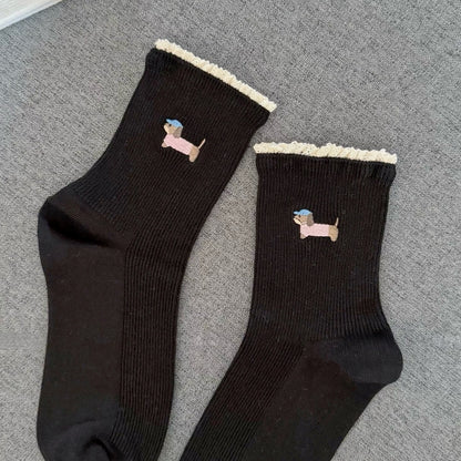 Puppy Embroidery&Tiny Lace Frill Socks