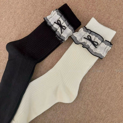 Ribbed Knit Socks with Plaid Ruffles & Bows