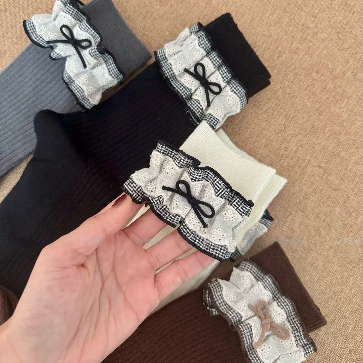 Ribbed Knit Socks with Plaid Ruffles & Bows