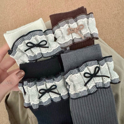 Ribbed Knit Socks with Plaid Ruffles & Bows