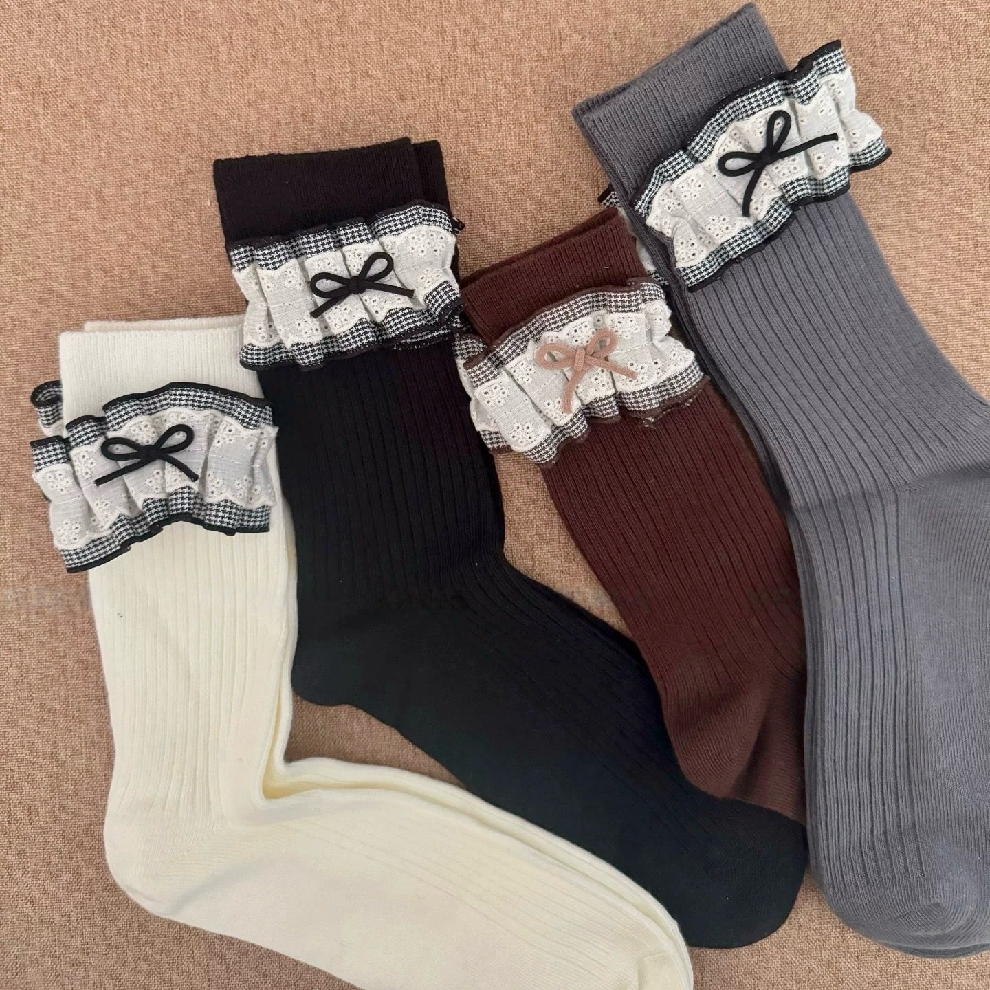 Ribbed Knit Socks with Plaid Ruffles & Bows