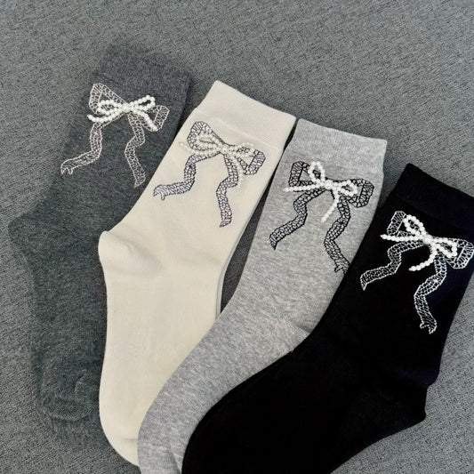 Elegant Bow Print Socks with Pearl Detail