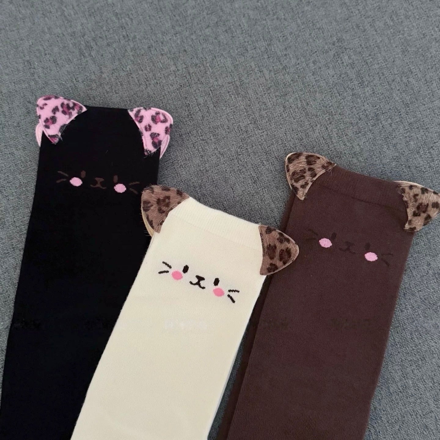 Cat Print Socks with 3D Leopard Ears