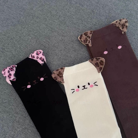 Cat Print Socks with 3D Leopard Ears
