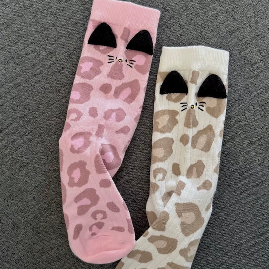 Leopard Print Cat Socks with 3D Ears