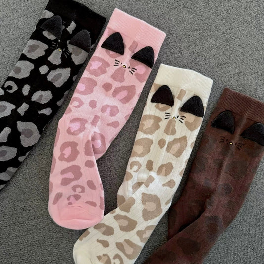 Leopard Print Cat Socks with 3D Ears