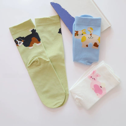 Playful Cartoon Animal Print Cotton Socks