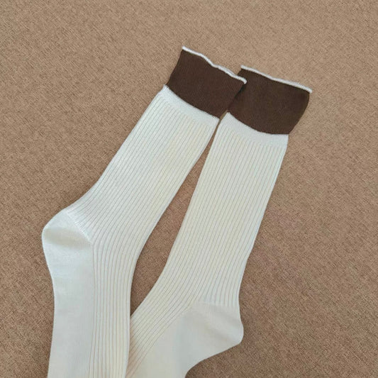 Ribbed Crew Socks with Lace Cuff