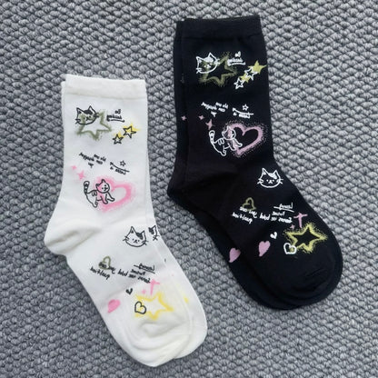 Cute Y2k Cat Print Crew Socks