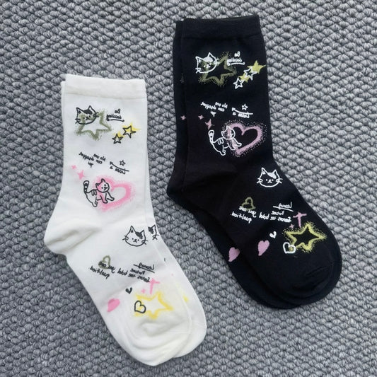 Cute Y2k Cat Print Crew Socks