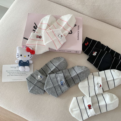 Striped Ankle Socks with Kitten Embroidery